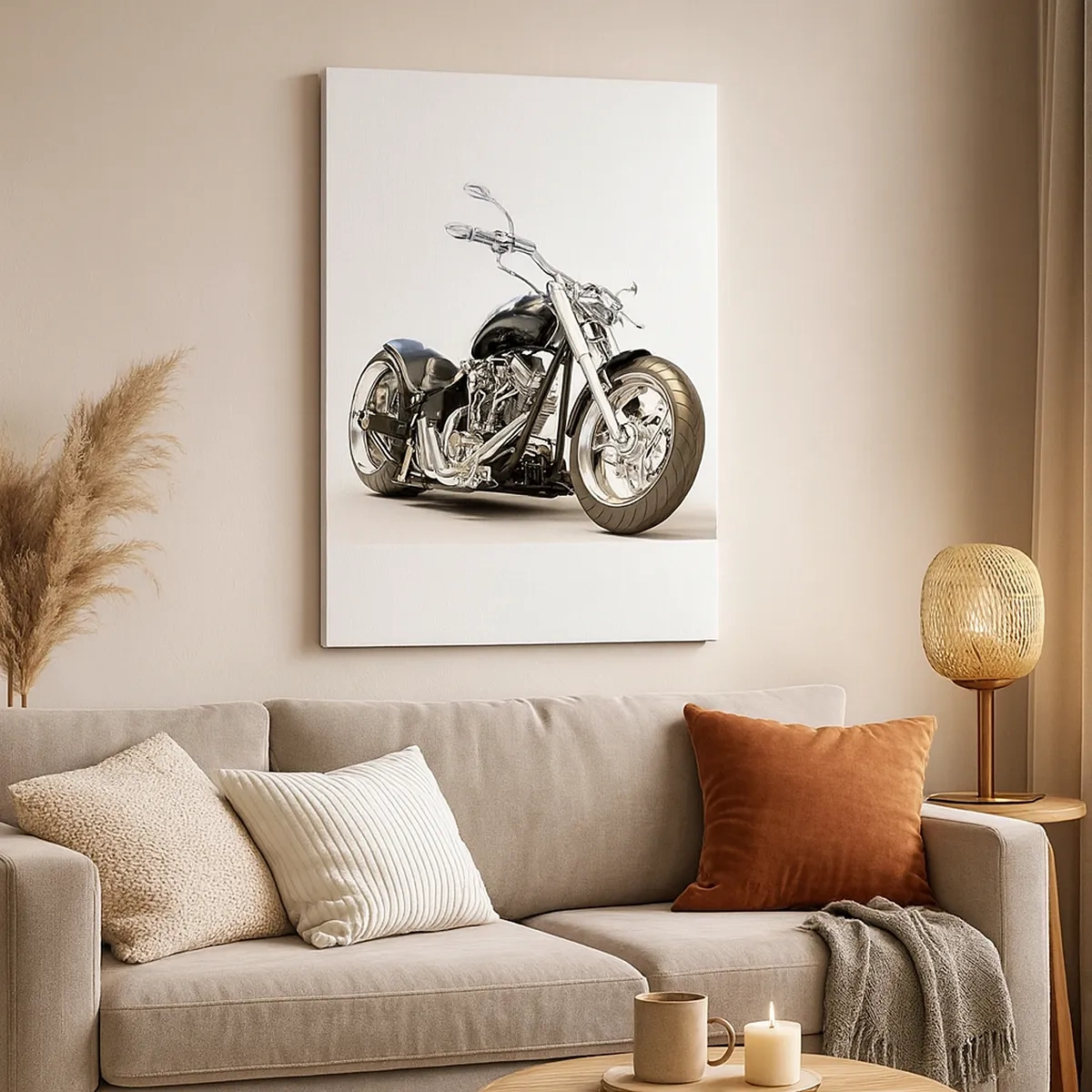 Obraz na płótnie - Czarny motocykl na jasnym tle - 50x70cm - Siła z charakterem - Nowoczesna dekoracja ścienna do salonu, kuchni i sypialni ARTTOR