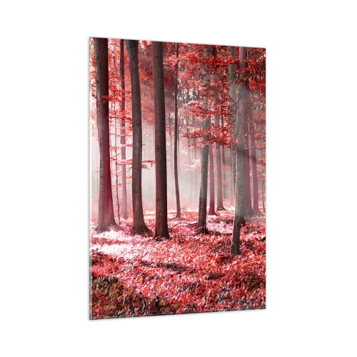 Obraz na szkle - Jesienny las w czerwonych barwach i porannej mgle - 50x70cm - Czerwony równie piękny - Nowoczesna dekoracja ścienna do salonu, kuchni i sypialni ARTTOR