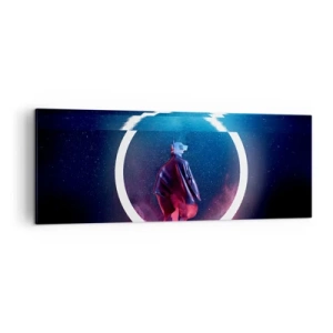Obraz na płótnie - Postać w futurystycznym otoczeniu z neonowym okręgiem - 140x50cm - Między światami - Nowoczesna dekoracja ścienna do salonu i sypialni ARTTOR