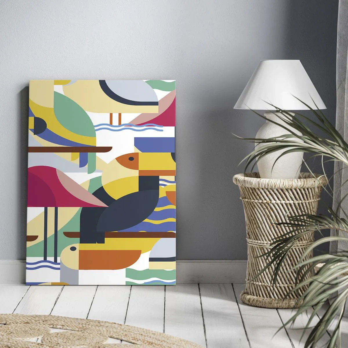 Obraz na płótnie - Kolorowe ptaki w abstrakcyjnej, geometrycznej kompozycji - 70x100cm - Ptasie party - Nowoczesna dekoracja ścienna do salonu i sypialni ARTTOR