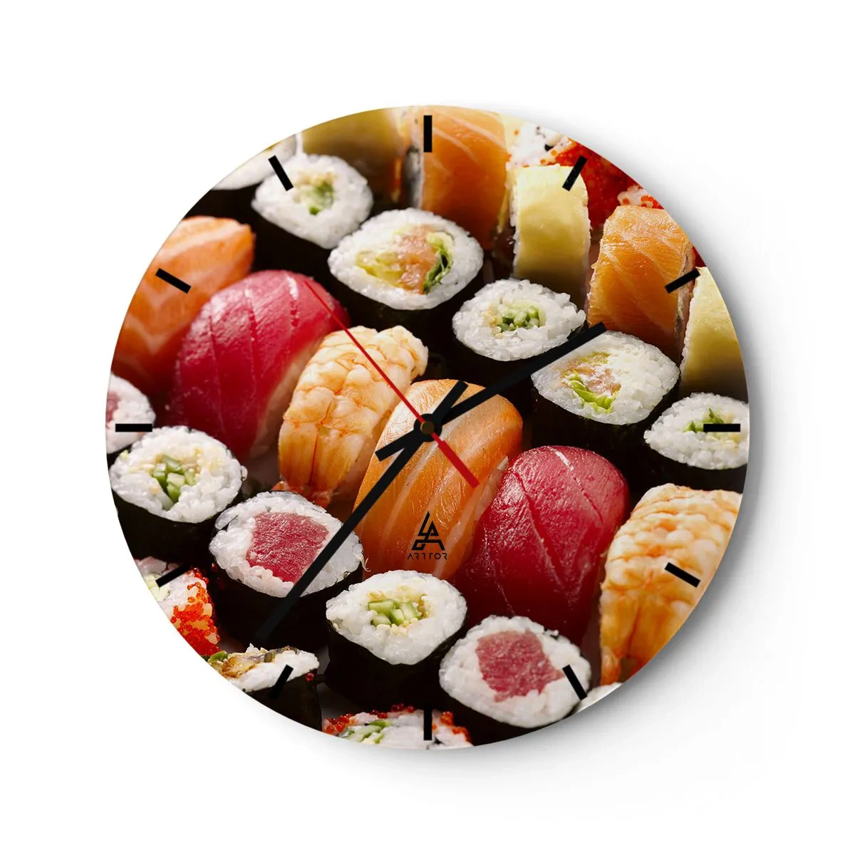 Zegar ścienny - Zbliżenie na kolorowe sushi w różnych rodzajach - 30x30cm - Barwy i smaki Azji - Nowoczesna dekoracja ścienna do salonu, kuchni i sypialni ARTTOR