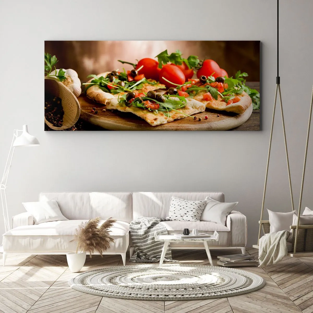 Obraz na płótnie - Pizza z warzywami na drewnianej desce w rustykalnym stylu - 120x50cm - Prosto z pieca i z ogrodu - Nowoczesna dekoracja ścienna do salonu i sypialni ARTTOR