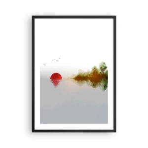 Plakat w czarnej ramie - Minimalistyczny pejzaż z czerwonym słońcem i jeziorem - 50x70cm - Obietnica spokoju - Nowoczesna dekoracja ścienna do salonu i sypialni ARTTOR