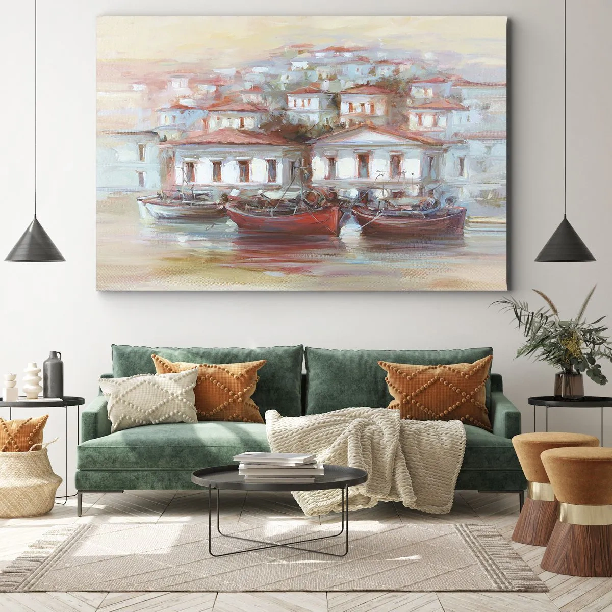 Obraz na płótnie - Kolorowe łodzie i malownicze budynki nad wodą w pastelowych barwach - 70x50cm - Szczęśliwe miasteczko - Nowoczesna dekoracja ścienna do salonu i sypialni ARTTOR