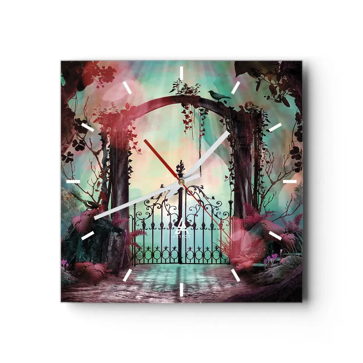 Zegar ścienny - Magiczne wejście z kutą bramą w otoczeniu tajemniczej roślinności - 30x30cm - Tajemniczy ogród - Nowoczesna dekoracja ścienna do salonu i sypialni ARTTOR