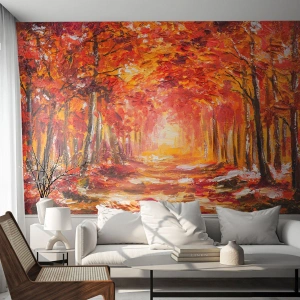 Fototapeta Premium Sand - Jesienny las w odcieniach czerwieni i złota - 100x70cm - Miedziany las - Nowoczesna dekoracja ścienna do salonu, kuchni i sypialni ARTTOR