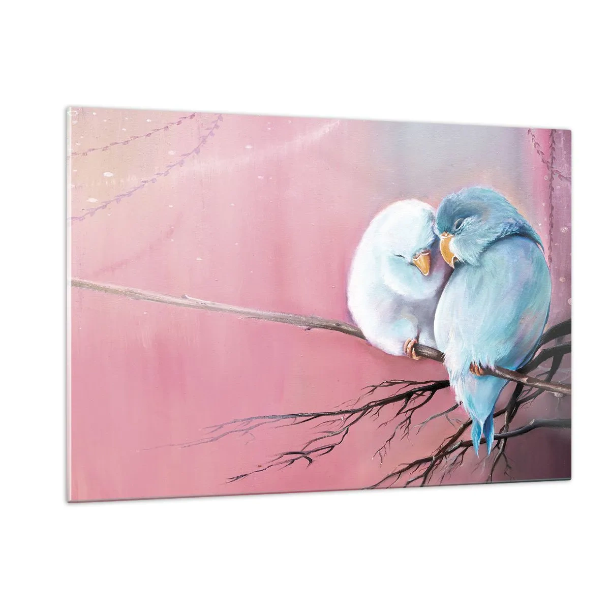 Obraz na szkle - Dwie zakochane papużki siedzące na gałęzi na tle różu - 120x80cm - Cóż tu dodać?… - Nowoczesna dekoracja ścienna do salonu, kuchni i sypialni ARTTOR
