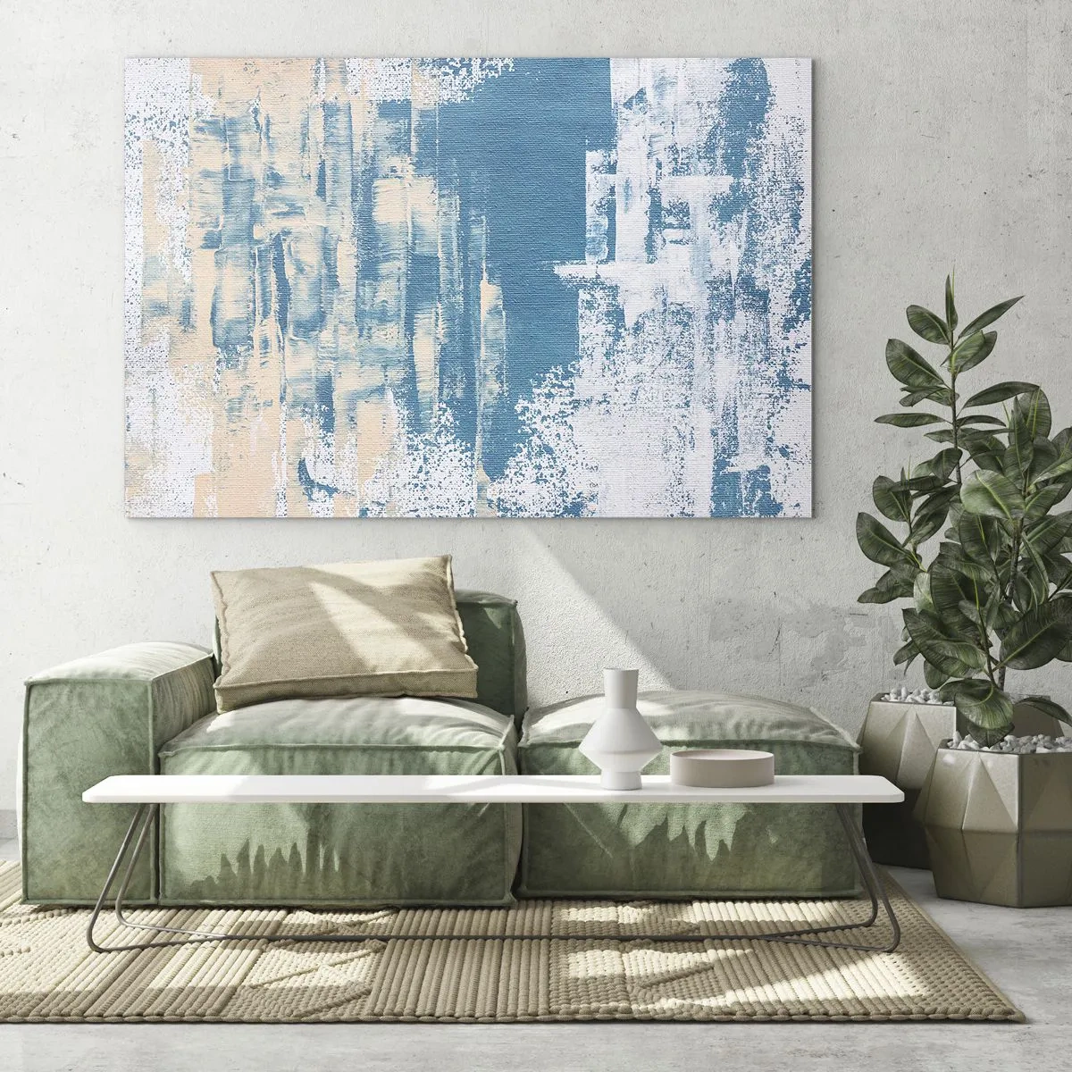 Obraz na szkle - Abstrakcja w błękicie i beżu z fakturą pędzla - 120x80cm - Przez lodowy sopel - Nowoczesna dekoracja ścienna do salonu, kuchni i sypialni ARTTOR