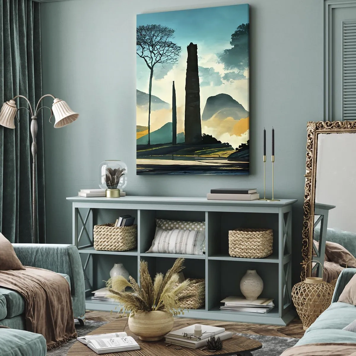 Obraz na płótnie - Malowniczy krajobraz z wysokimi obeliskami i górami w tle w nastrojowym świetle - 50x70cm - Wciąż wyżej i wyżej - Nowoczesna dekoracja ścienna do salonu, kuchni i sypialni ARTTOR