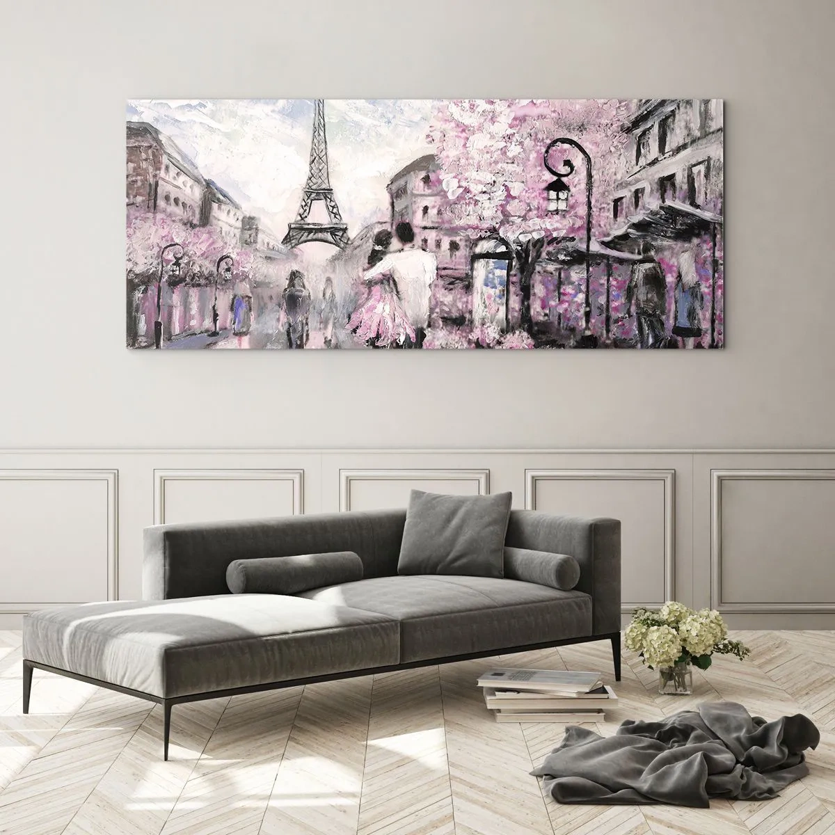 Obraz na szkle - Romantyczny spacer w Paryżu przy Wieży Eiffla - 140x50cm - Jak zakochac się, to tylko w… - Nowoczesna dekoracja ścienna do salonu i sypialni ARTTOR