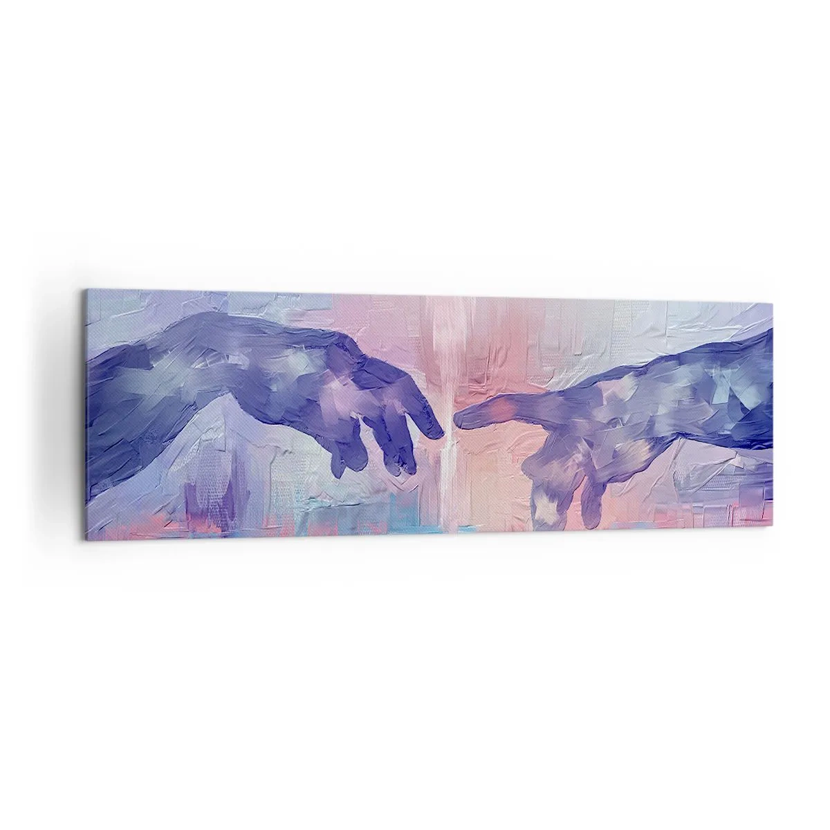 Obraz na płótnie - Symboliczne dłonie w abstrakcyjnych barwach, odwołujące się do motywu stworzenia - 160x50cm - Boska iskra życia - Nowoczesna dekoracja ścienna do salonu i sypialni ARTTOR