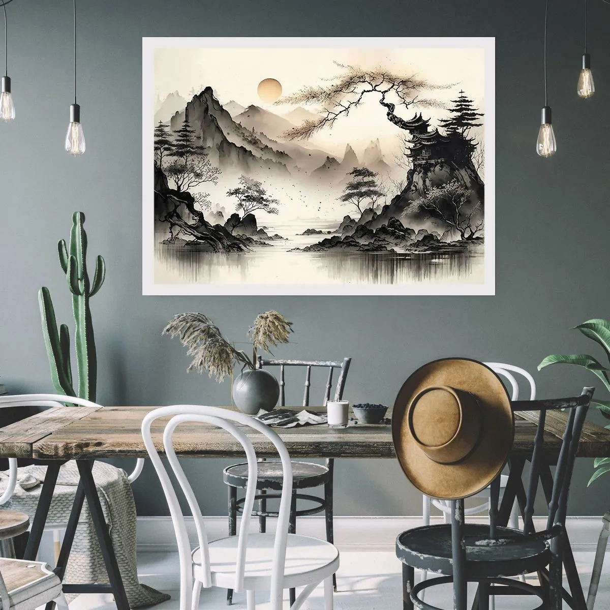 Plakat - Orientalny krajobraz z górami i pagodą w delikatnych odcieniach - 100x70cm - Niepowtarzalny urok orientu - Nowoczesna dekoracja ścienna do salonu i sypialni ARTTOR