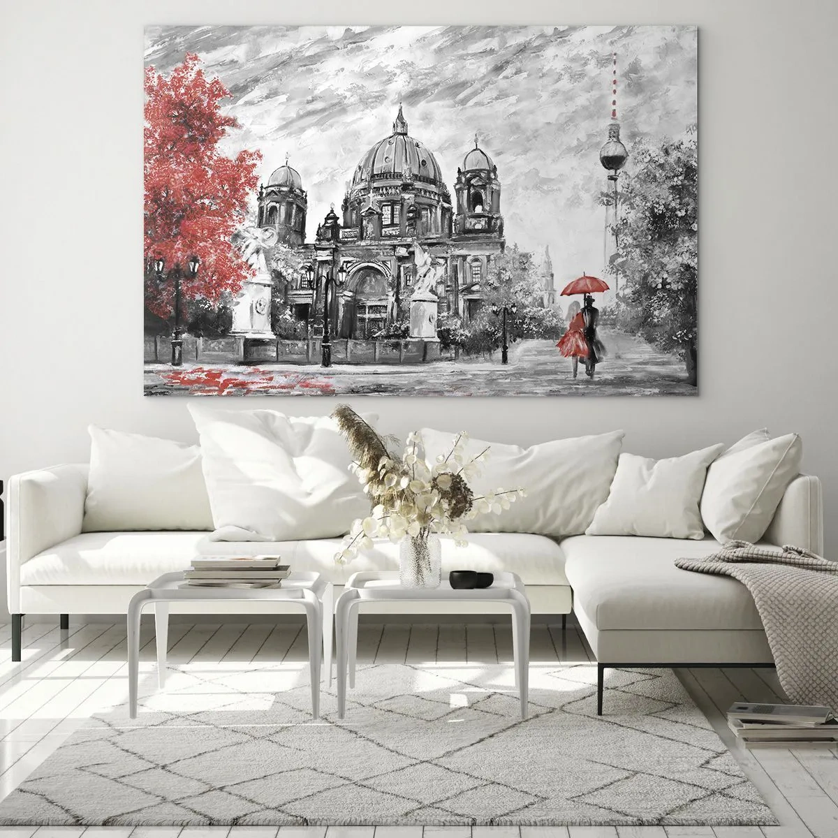 Obraz na szkle - Berlińska katedra z czerwonym akcentem w monochromatycznej tonacji - 70x50cm - Berlińskie spotkanie - Nowoczesna dekoracja ścienna do salonu i sypialni ARTTOR