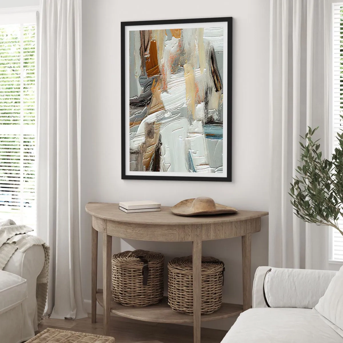 Plakat w czarnej ramie - Teksturalna abstrakcja w neutralnych odcieniach - 50x70cm - Barwne nawarstwienia - Nowoczesna dekoracja ścienna do salonu i sypialni ARTTOR