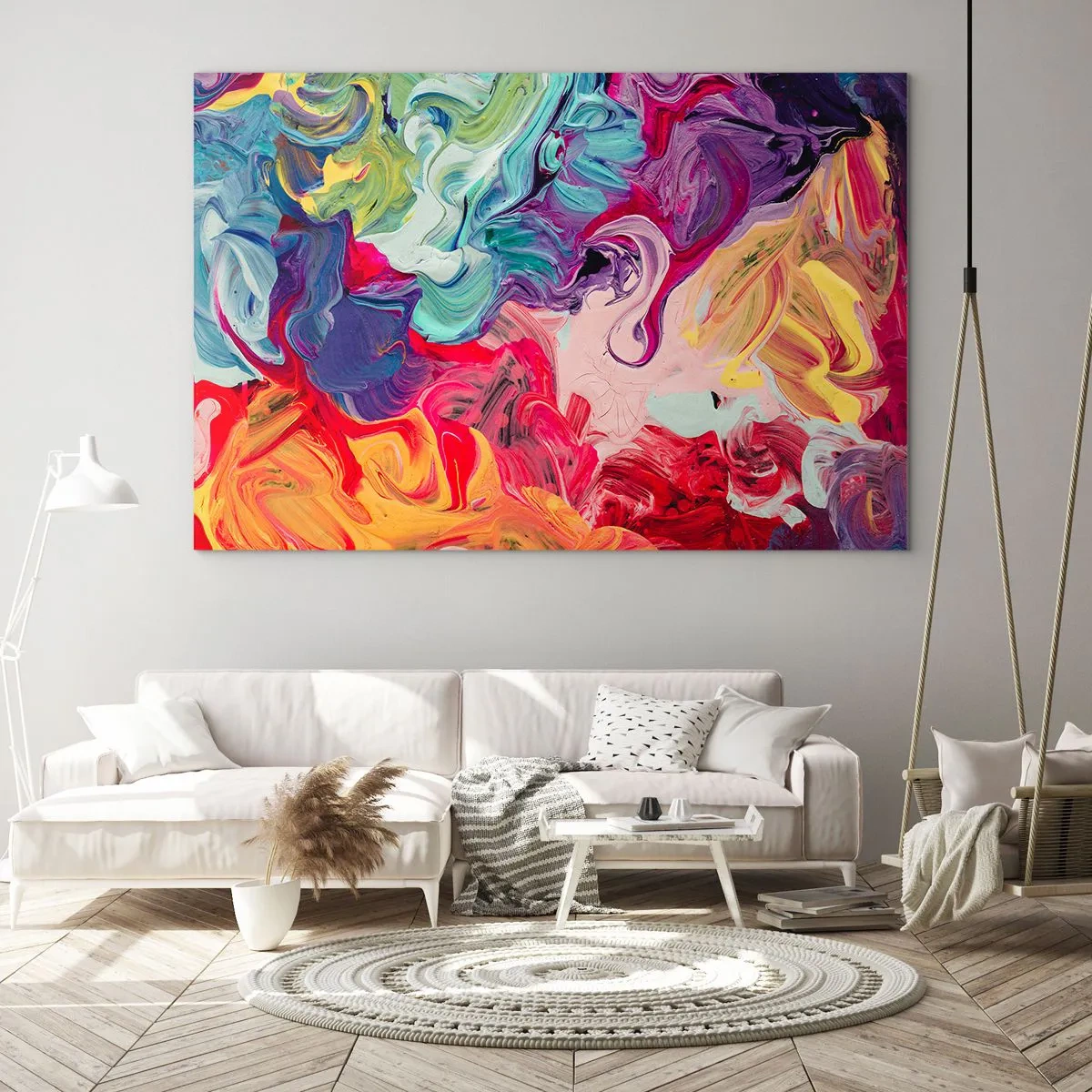 Obraz na szkle - Abstrakcyjne kolorowe smugi farb na płótnie w intensywnych barwach - 70x50cm - Narodziny barw - Nowoczesna dekoracja ścienna do salonu i sypialni ARTTOR