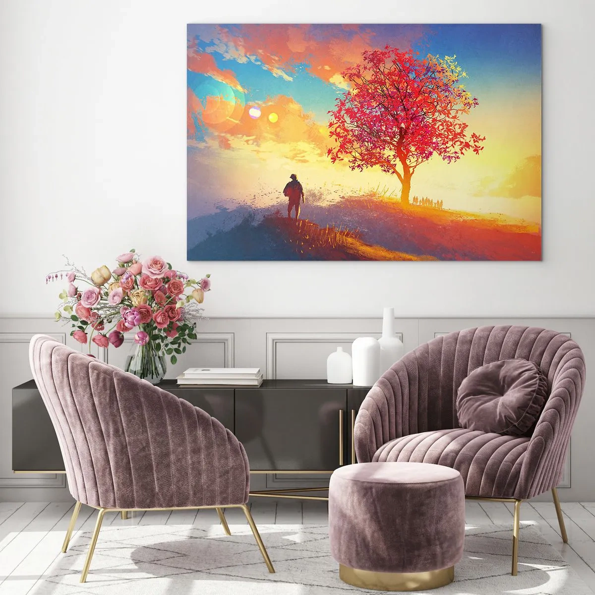 Obraz na szkle - Postać na tle barwnego nieba i drzewa w ciepłych kolorach - 70x50cm - Pielgrzym u celu - Nowoczesna dekoracja ścienna do salonu i sypialni ARTTOR