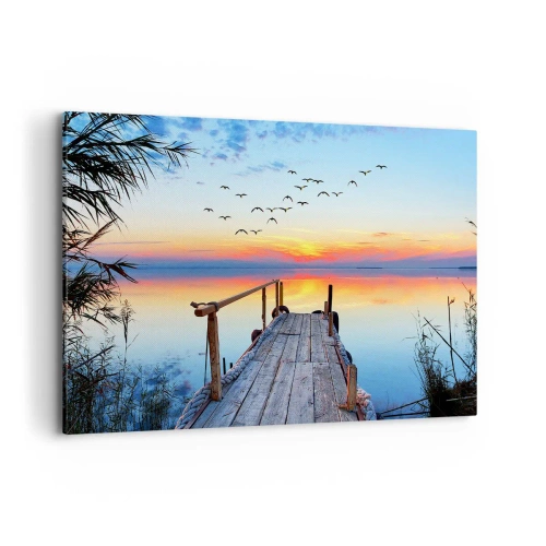 Obraz na płótnie - Drewniany pomost nad jeziorem o zachodzie słońca - 120x80cm - Pora wracać… - Nowoczesna dekoracja ścienna do salonu, kuchni i sypialni ARTTOR
