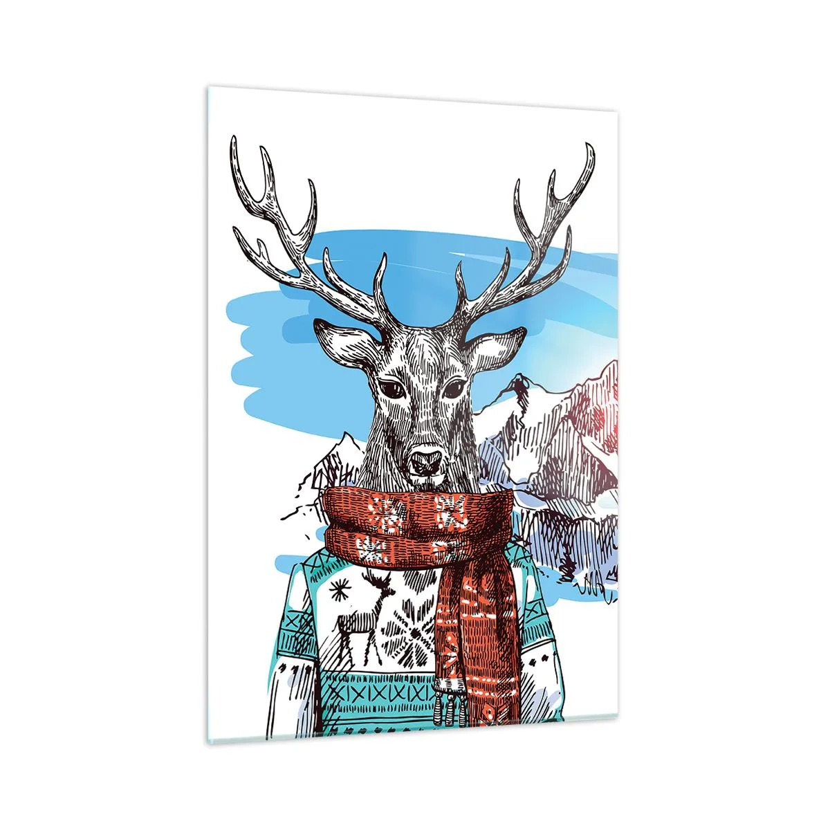 Obraz na szkle - Jeleń w swetrze i szaliku na tle górskiego krajobrazu - 50x70cm - Nawet jeleń nie marznie - Nowoczesna dekoracja ścienna do salonu, kuchni i sypialni ARTTOR
