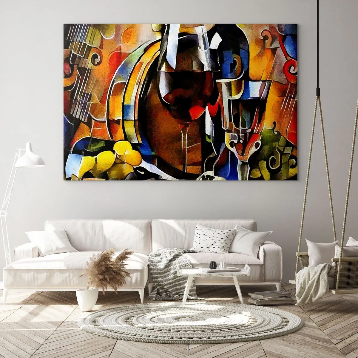 Obraz na szkle - Abstrakcyjna kompozycja z kieliszkami wina i instrumentami - 120x80cm - I świat nabiera barw - Nowoczesna dekoracja ścienna do salonu, kuchni i sypialni ARTTOR
