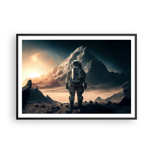 Plakat w czarnej ramie - Astronauta na tle majestatycznych gór - 100x70cm - Nowe wyzwanie - Nowoczesna dekoracja ścienna do salonu i sypialni ARTTOR