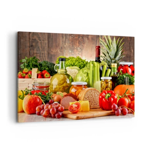 Obraz na płótnie - Kolorowe owoce, warzywa i produkty spożywcze - 100x70cm - Wędzone, pieczone, marynowane - Nowoczesna dekoracja ścienna do salonu, kuchni i sypialni ARTTOR