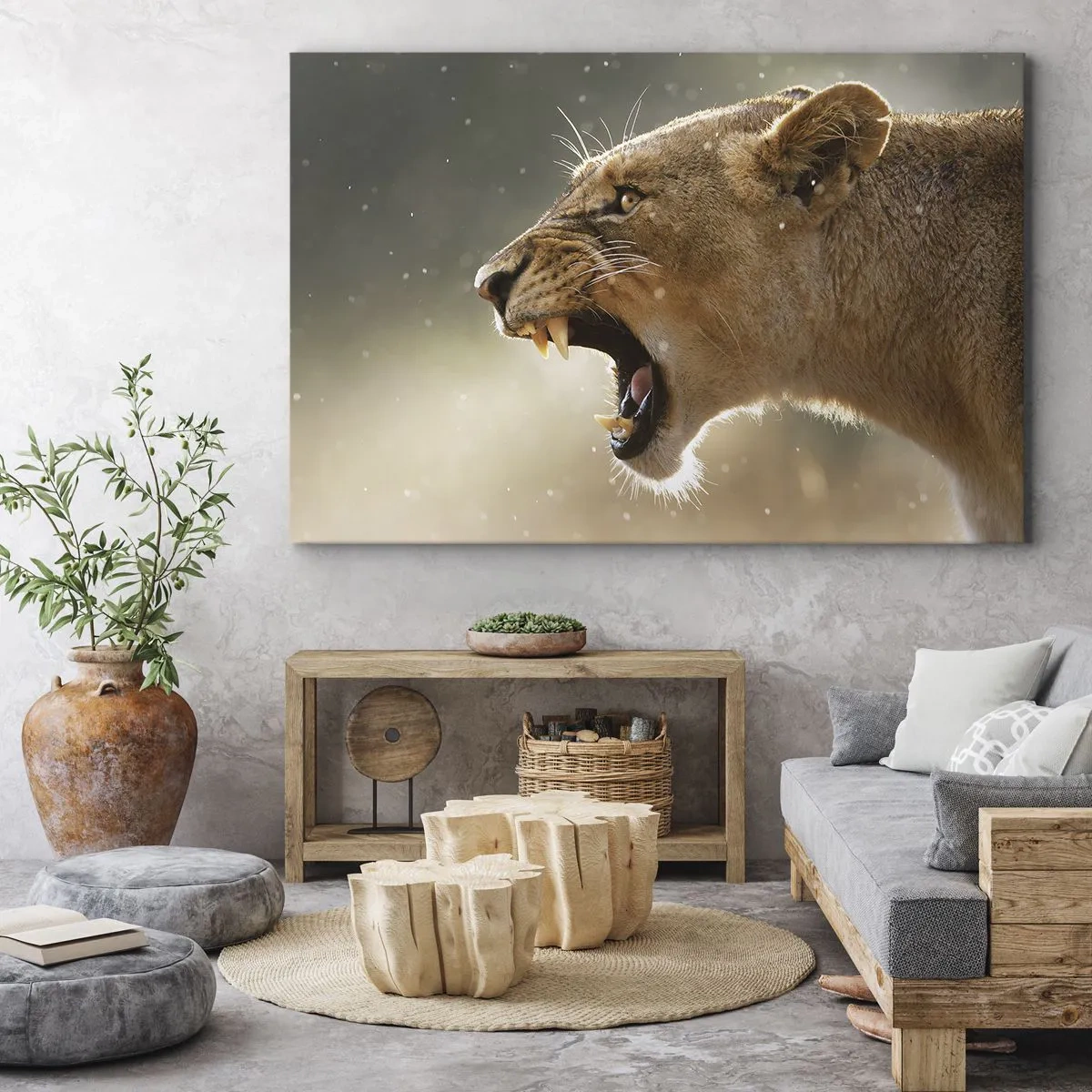 Obraz na płótnie - Portret ryczącej lwicy w naturalnym świetle - 70x50cm - Spróbuj nie posłuchać - Nowoczesna dekoracja ścienna do salonu i sypialni ARTTOR