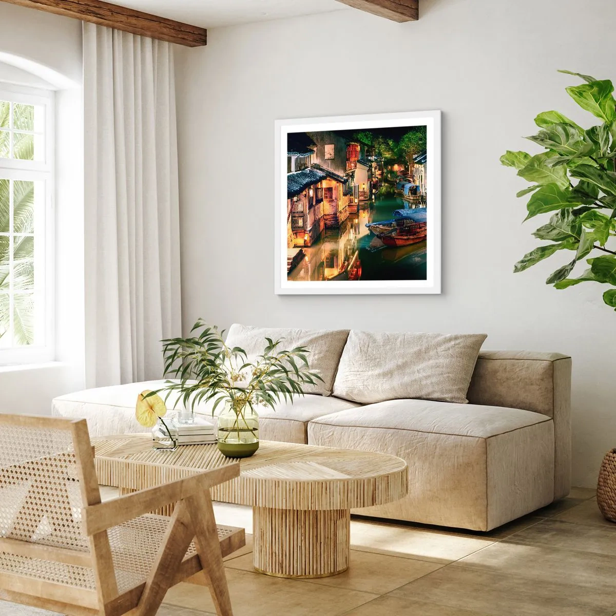 Plakat w białej ramie - Wieczór na chińskiej ulicy - 40x40 cm