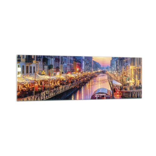 Obraz na szkle - Kanał z oświetleniem w otoczeniu kolorowych budynków - 160x50cm - Wieczór światła i zabawy - Nowoczesna dekoracja ścienna do salonu i sypialni ARTTOR