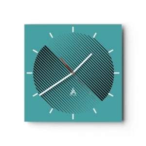 Zegar ścienny - Minimalistyczne koło z liniami na turkusowym tle - 30x30cm - Koło – geometryczna wariacja - Nowoczesna dekoracja ścienna do salonu i sypialni ARTTOR