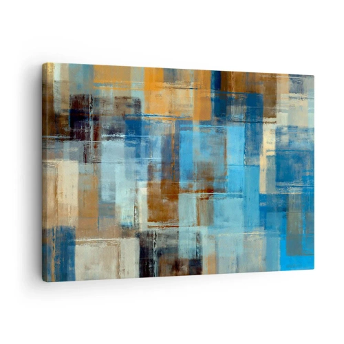 Obraz na płótnie - Abstrakcyjna kompozycja geometryczna w odcieniach niebieskiego i brązu - 70x50cm - Przez błękitną zasłonę - Nowoczesna dekoracja ścienna do salonu i sypialni ARTTOR