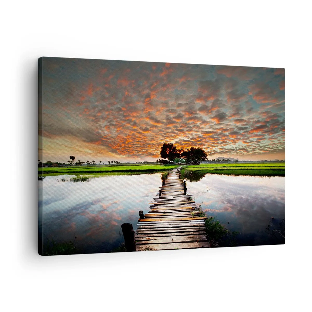 Obraz na płótnie - Drewniany mostek nad wodą o zachodzie słońca - 70x50cm - Rozłóż ramiona - oddychaj  - Nowoczesna dekoracja ścienna do salonu i sypialni ARTTOR