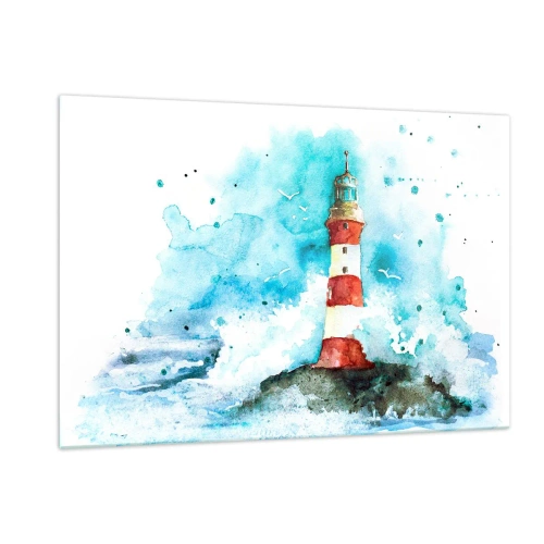Obraz na szkle - Latarnia morska otoczona morskimi falami w akwarelowym stylu - 120x80cm - Jedność żywiołów - Nowoczesna dekoracja ścienna do salonu, kuchni i sypialni ARTTOR