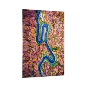Obraz na szkle - Kręta droga w jesiennym lesie widziana z lotu ptaka - 80x120cm - Krętą drogą poprzez las - Nowoczesna dekoracja ścienna do salonu i sypialni ARTTOR