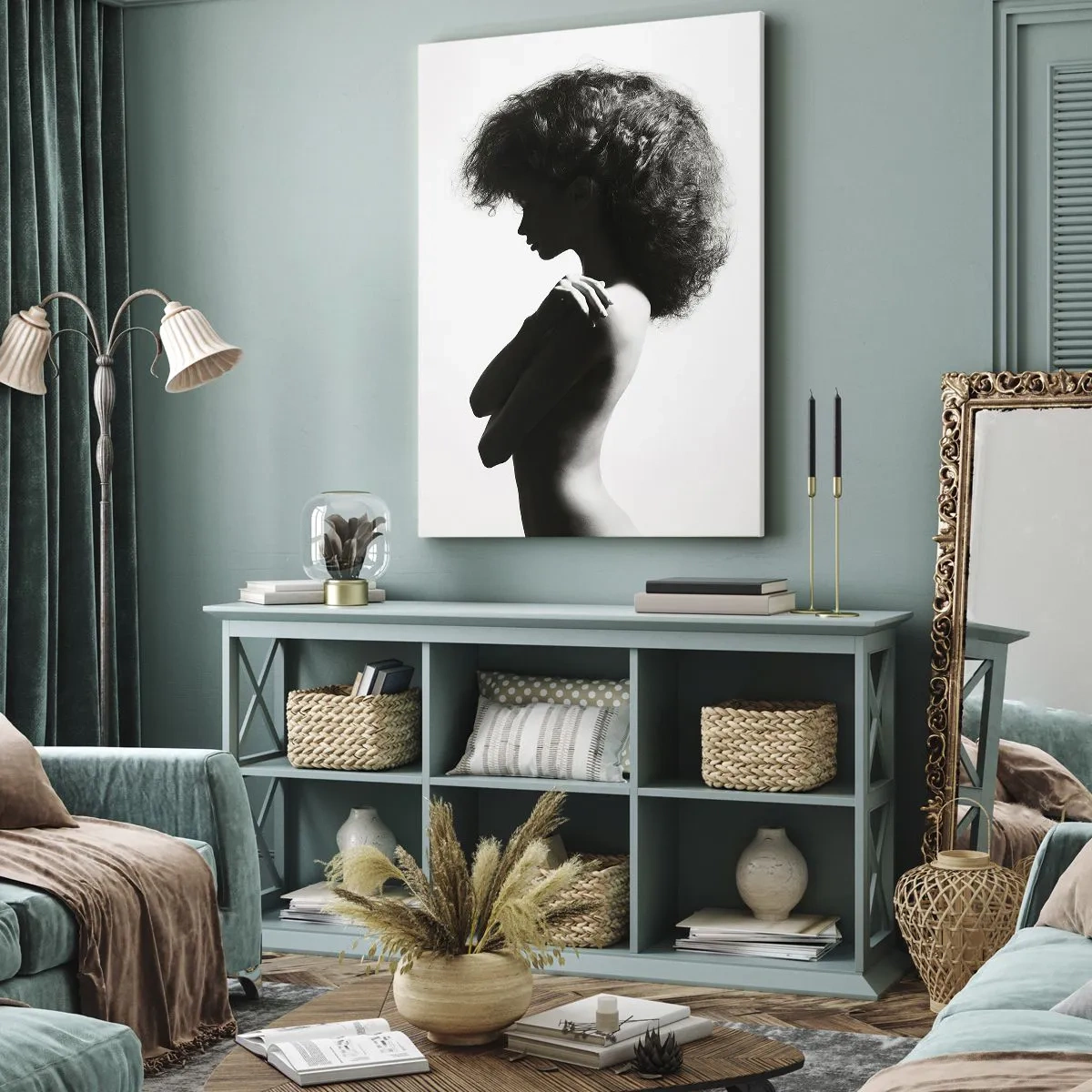Obraz na płótnie - Sylwetka kobiety w profilu z bujnymi włosami na białym tle - 50x70cm - Jak kwiat na smukłej łodydze - Nowoczesna dekoracja ścienna do salonu, kuchni i sypialni ARTTOR