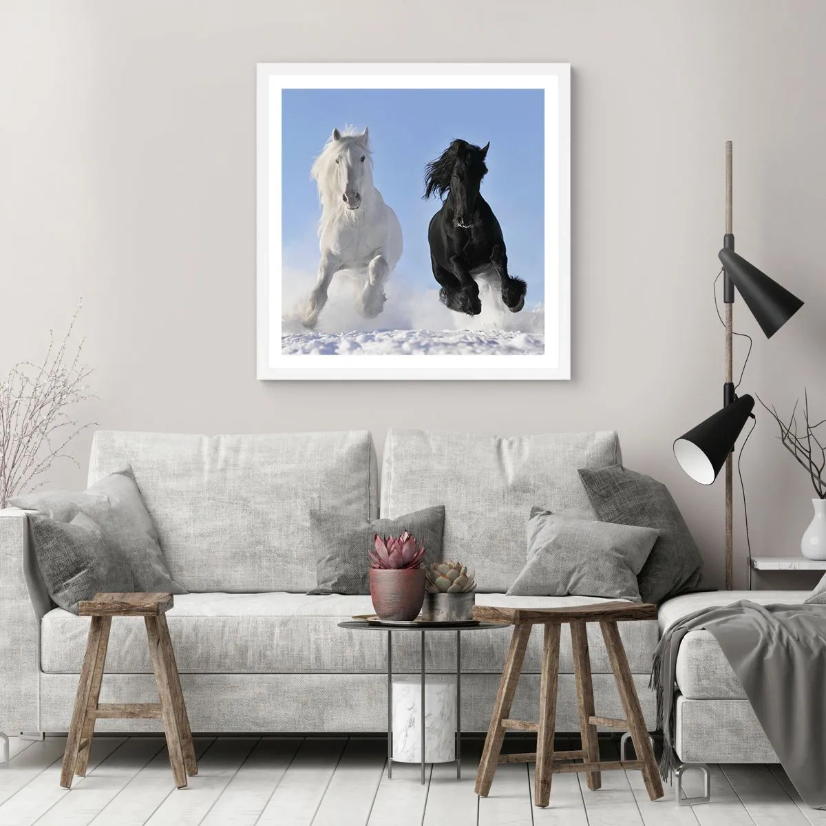 Plakat w białej ramie - Czarno-biały galop - 30x30 cm