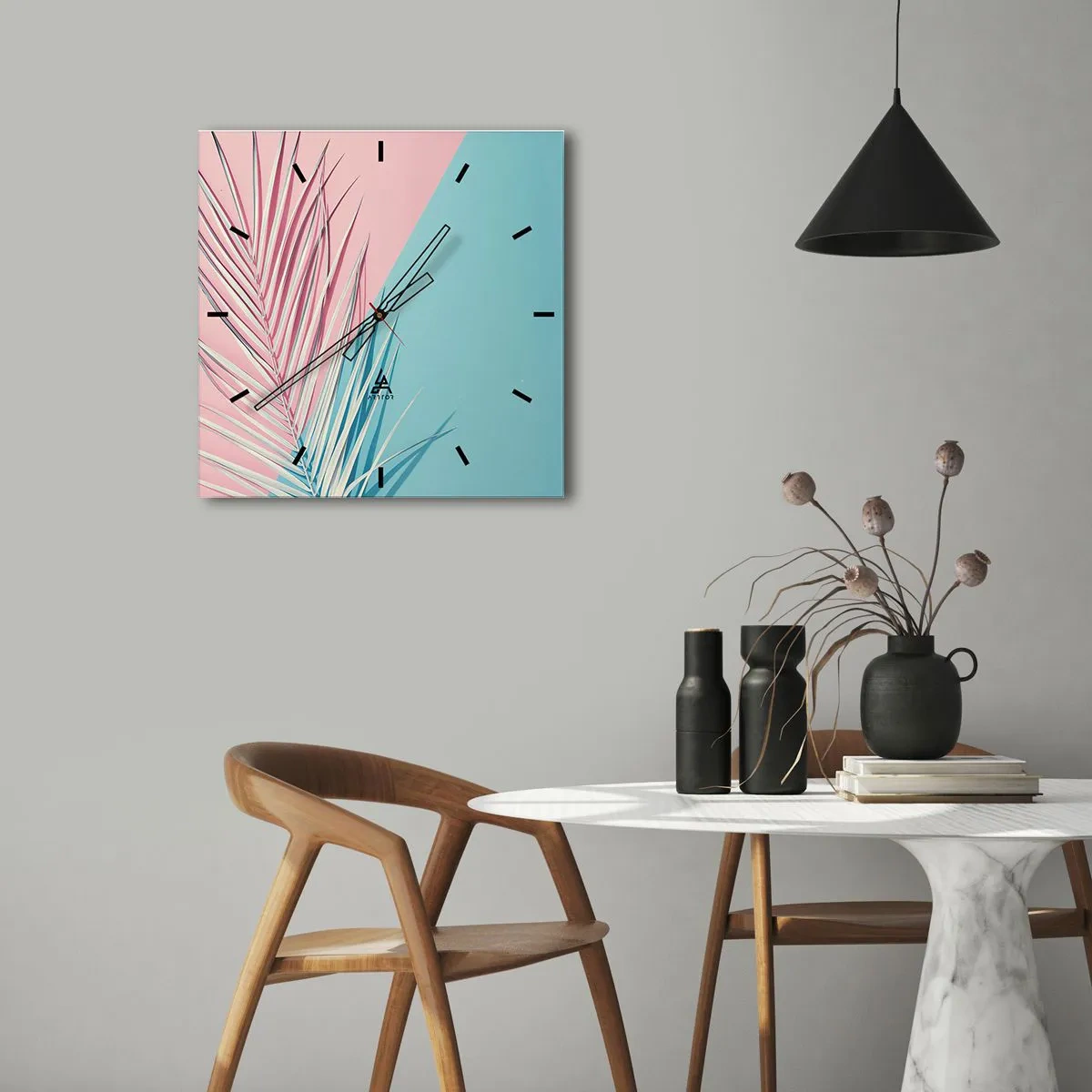 Zegar ścienny - Tropikalny liść na tle pastelowych odcieni różu i błękitu - 30x30cm - Tropikalna impresja - Nowoczesna dekoracja ścienna do salonu i sypialni ARTTOR