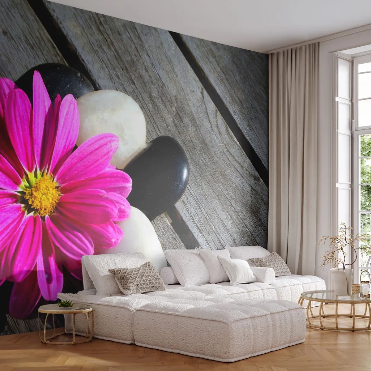 Fototapeta Premium Sand - Odpoczynek na pomoście - Kwiat, Kamienie , Drewniany Pomost - 400x280 cm