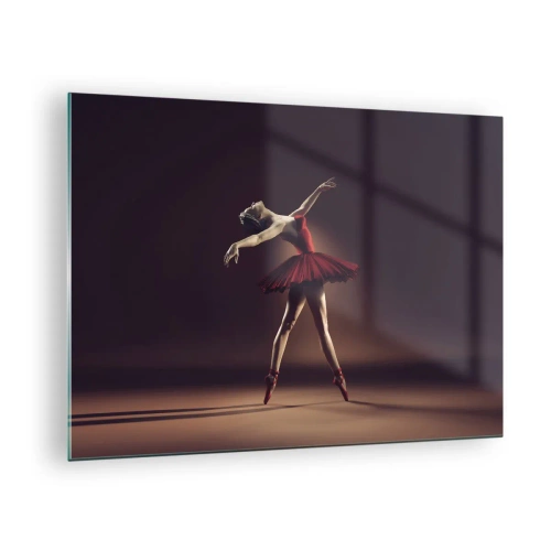 Obraz na szkle - Balerina w czerwonej sukience w dynamicznej pozie - 70x50cm - Prima ballerina - Nowoczesna dekoracja ścienna do salonu i sypialni ARTTOR