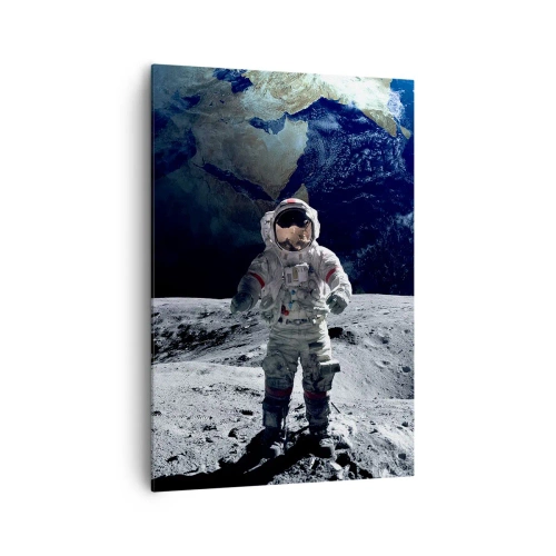 Obraz na płótnie - Astronauta na powierzchni Księżyca z Ziemią w tle - 70x100cm - Pozdrowienia z Księżyca - Nowoczesna dekoracja ścienna do salonu i sypialni ARTTOR