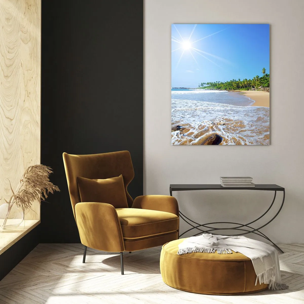 Obraz na szkle - Tropikalna plaża z palmami i falami pod błękitnym niebem - 50x70cm - Egzotyczne miejsce dla ciebie - Nowoczesna dekoracja ścienna do salonu, kuchni i sypialni ARTTOR