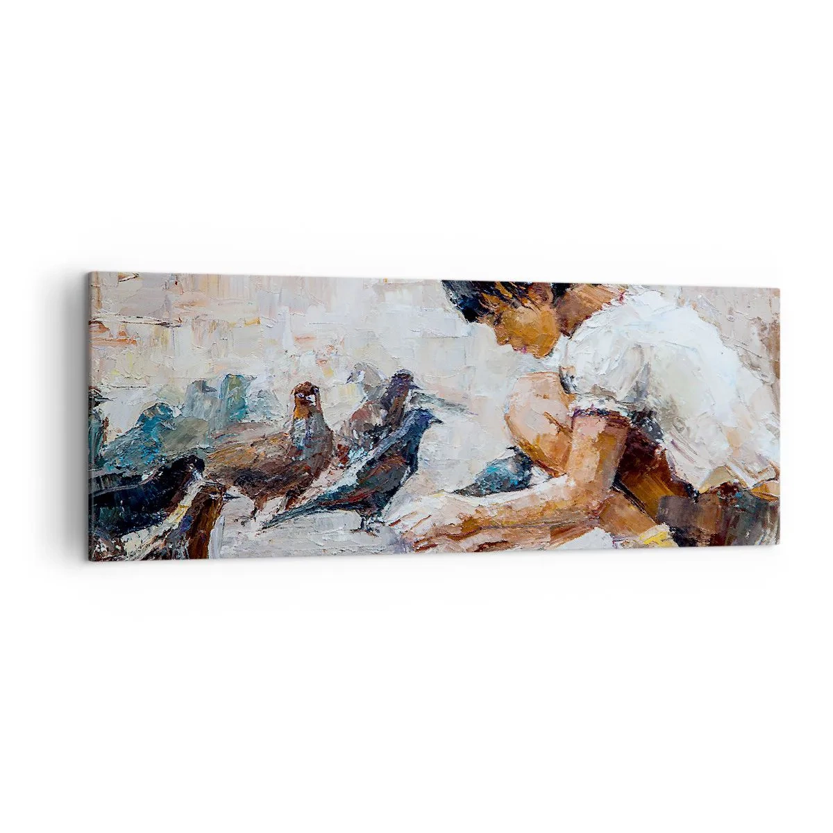 Obraz na płótnie - Dziewczynka karmiąca ptaki w malarskim stylu - 140x50cm - Maluczcy i najmilsi - Nowoczesna dekoracja ścienna do salonu i sypialni ARTTOR