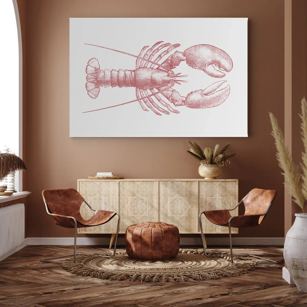 Obraz na płótnie - Rysunek homara w czerwonym odcieniu - 70x50cm - Homar godny Homera - Nowoczesna dekoracja ścienna do salonu i sypialni ARTTOR