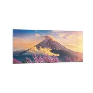 Obraz na szkle - Góra Fuji na tle kwitnących wiśni o zachodzie słońca - 120x50cm - Japońska świętość - Nowoczesna dekoracja ścienna do salonu i sypialni ARTTOR
