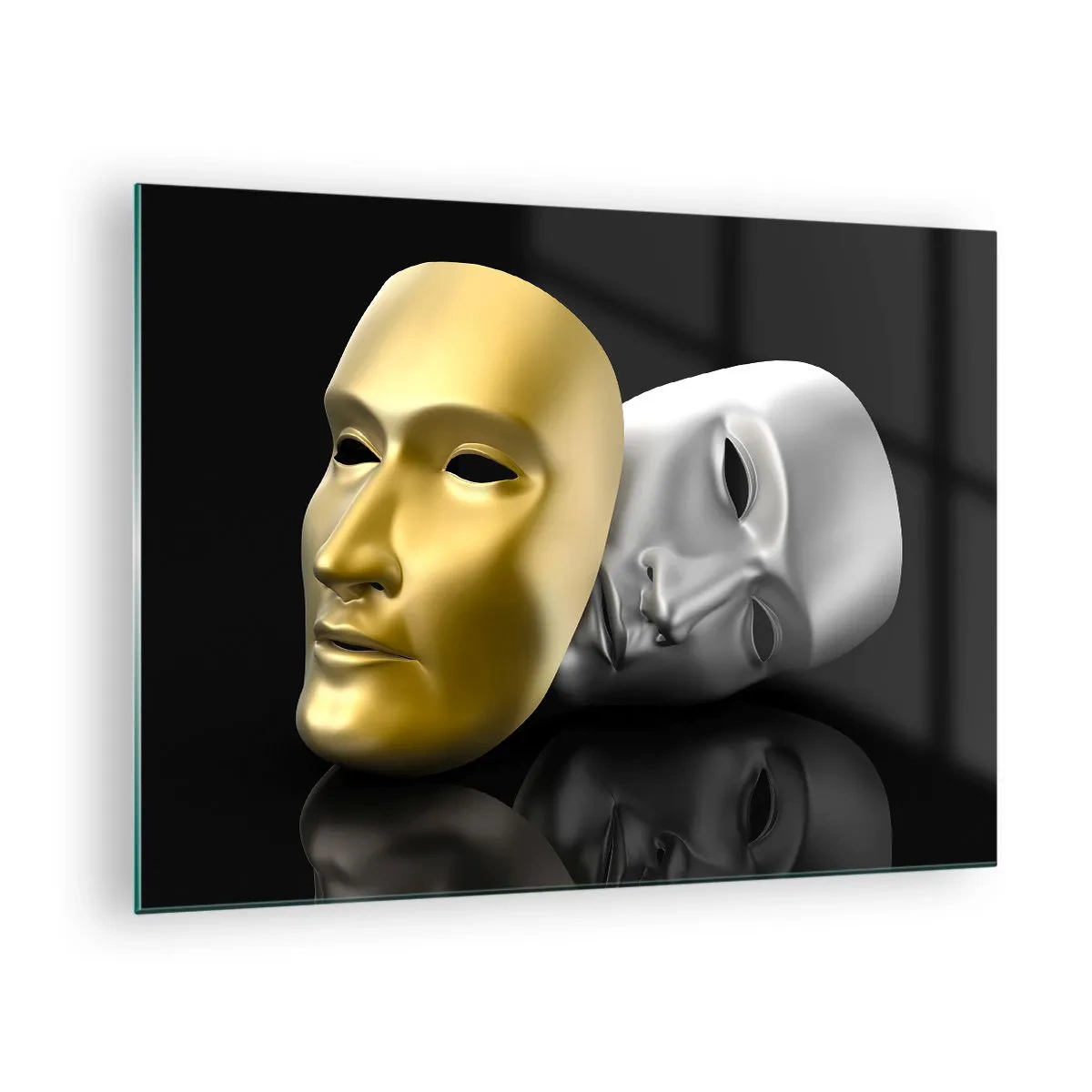 Obraz na szkle - Złota i srebrna maska na czarnym tle - 70x50cm - Życie to jest teatr - Nowoczesna dekoracja ścienna do salonu i sypialni ARTTOR