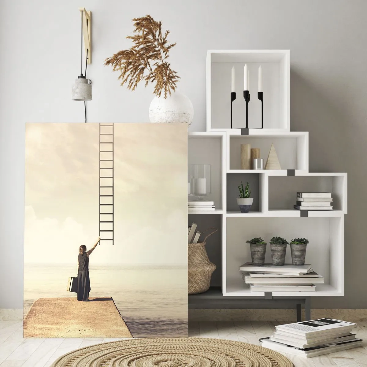 Obraz na szkle - Kobieta na molo z drabiną prowadzącą do nieba - 50x70cm - Magiczna podróż - Nowoczesna dekoracja ścienna do salonu, kuchni i sypialni ARTTOR