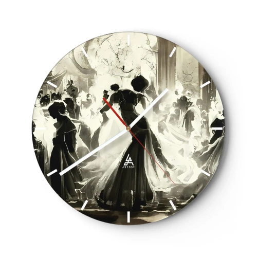 Zegar ścienny - Balowe postacie w maskach tańczące w eleganckim wnętrzu - 30x30cm - Wielka maskarada - Nowoczesna dekoracja ścienna do salonu, kuchni i sypialni ARTTOR