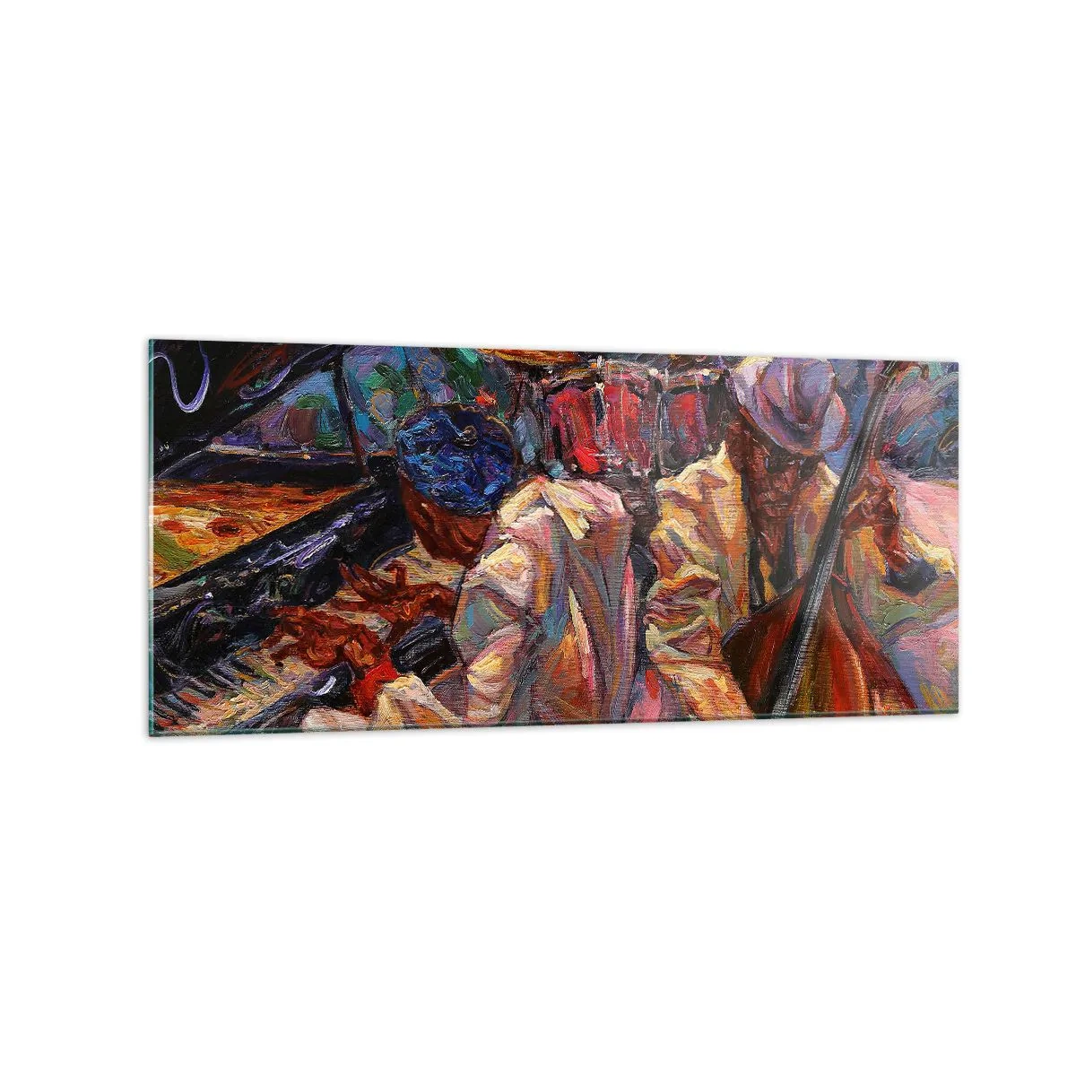 Obraz na szkle - Energetyczna scena jazzowa z muzykami i instrumentami - 120x50cm - W jednym rytmie - Nowoczesna dekoracja ścienna do salonu i sypialni ARTTOR