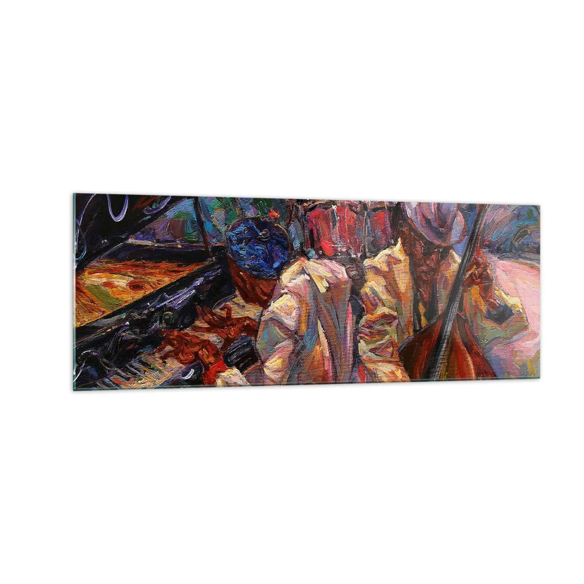 Obraz na szkle - Energetyczna scena jazzowa z muzykami i instrumentami - 140x50cm - W jednym rytmie - Nowoczesna dekoracja ścienna do salonu i sypialni ARTTOR