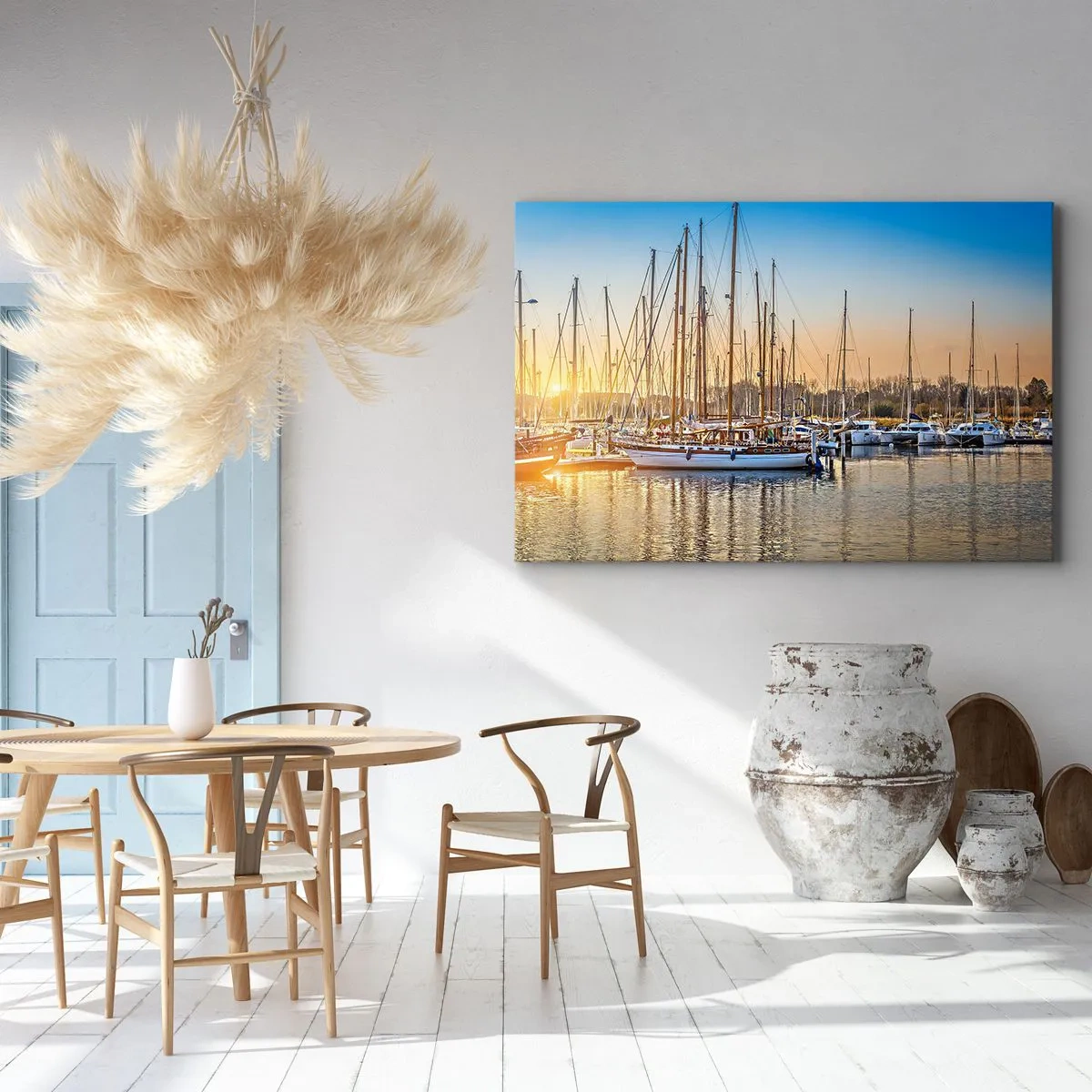 Obraz na płótnie - Zachód słońca nad mariną pełną żaglówek - 70x50cm - Wiatr też musi spać - Nowoczesna dekoracja ścienna do salonu i sypialni ARTTOR