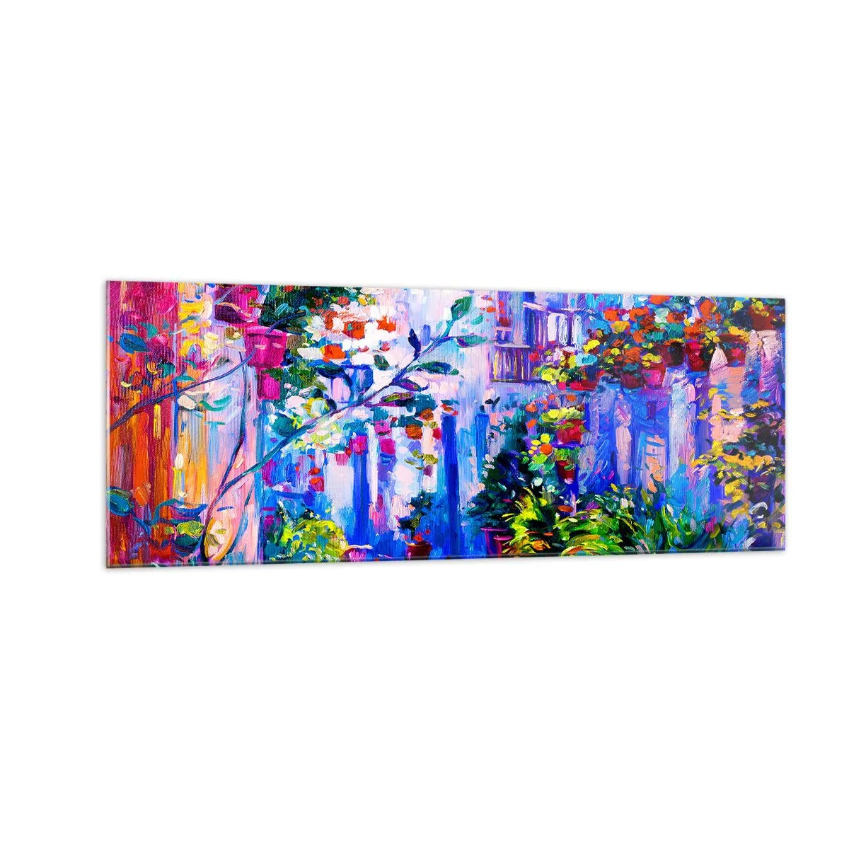 Obraz na szkle - Kolorowa uliczka pełna kwiatów - 140x50cm - Impresja - włoska uliczka - Nowoczesna dekoracja ścienna do salonu i sypialni ARTTOR